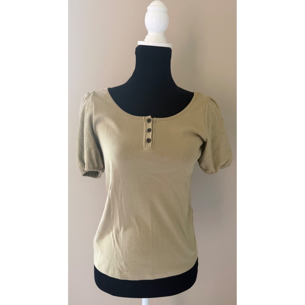Madewell Olive Green‎ Puff Sleeve Top Small Eyelet Sleeve Henley Cottagecore